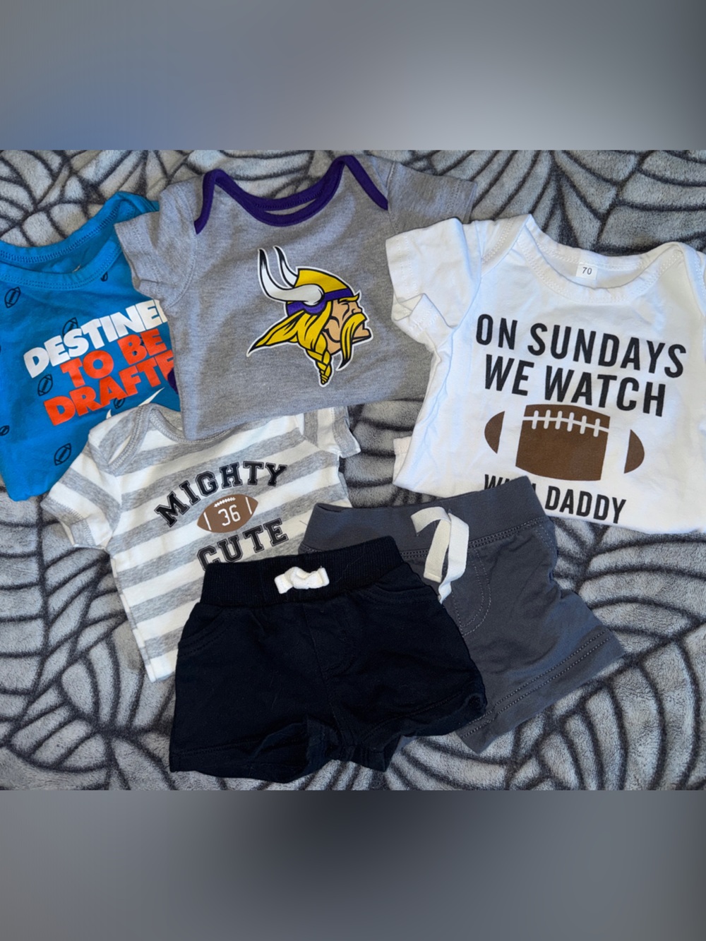 Baby 0-3 Month Football Bundle - Vikings, Nike, Carter’s - 4 Bodysuits, 2 Shorts